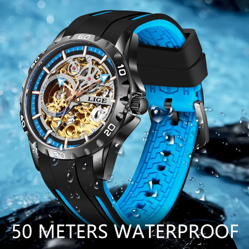 Luxury Silicone Watch Men LIGE Fashion Hollow Dial Mechanical Mens Watch Automatic Watches Male Waterproof Wristwatches relogio