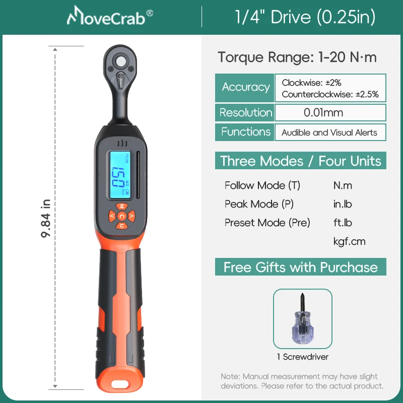 MOVECRAB Digitale momentsleutel 0,6-340N.m 2% nauwkeurigheid Vooraf ingestelde en LED/zoemerwaarschuwingen voor fietsmotoren Automotive mechanisch gereedschap