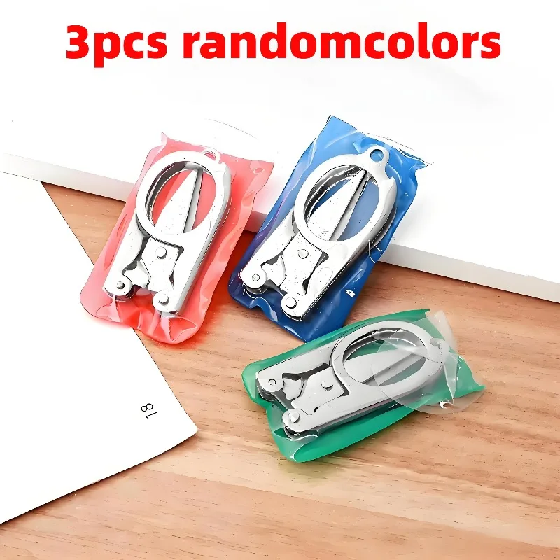 3Pcs Random Color Portable Folding Stainless Steel Scissors, Mini Pocket Foldable Scissors with Keychain Hole, Small Travel Scissors for Home Office School Student DIY Craft Use