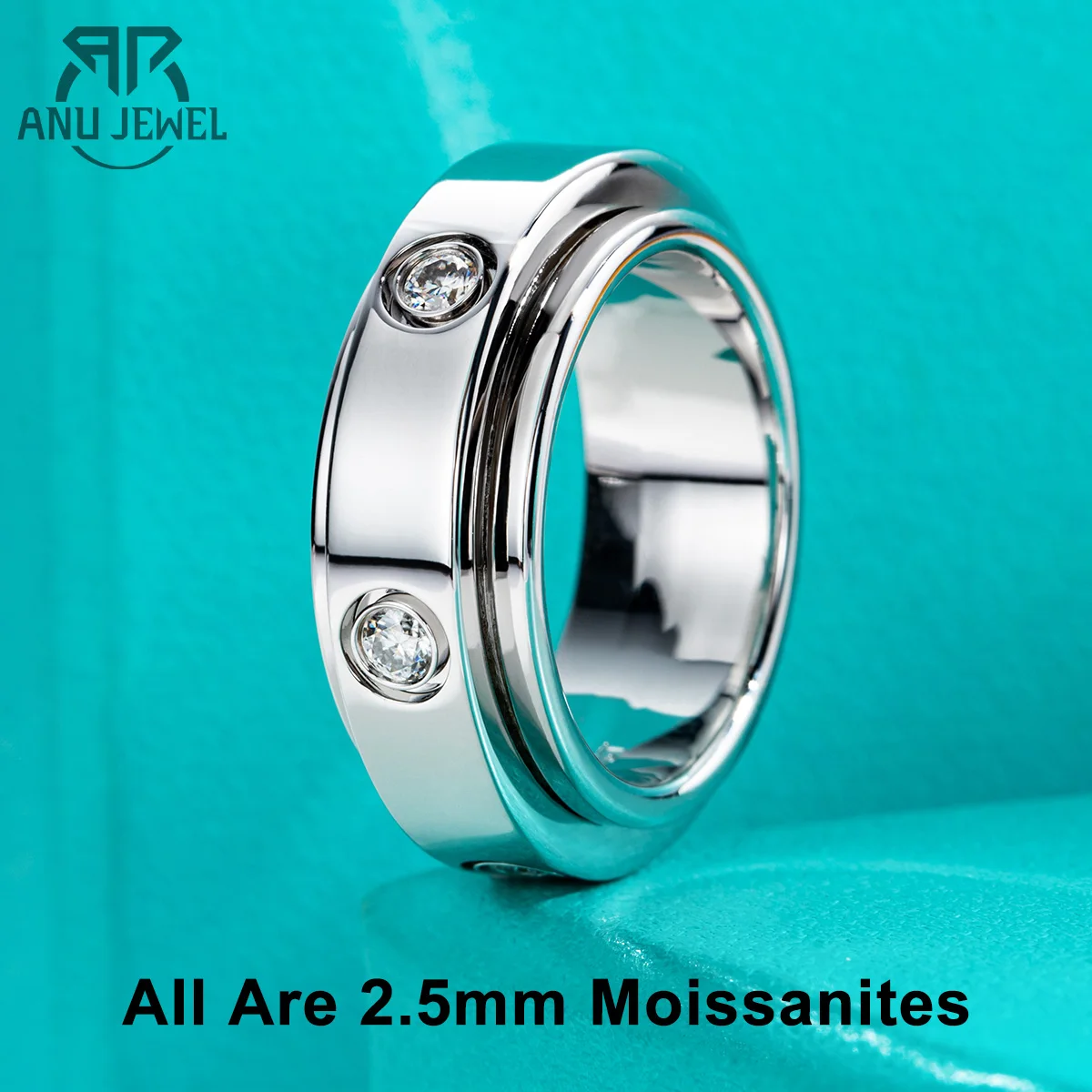 AnuJewel Moissanite Spinner Rings 14k Plated 2.5mm D Color VVS1 Moissanite Wedding Band Fidget Spinners Rings Unzip Jewelry