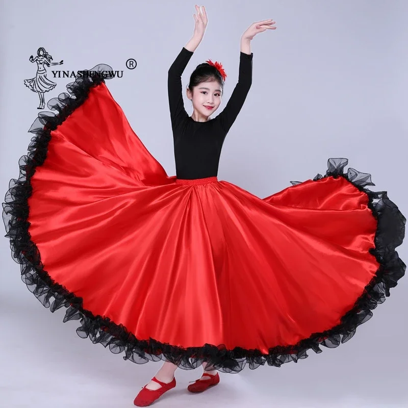 Falda lisa de satén Flamenco español con cordones trajes de danza del vientre femenino 360-720 grados niñas niños salón de baile vestido de madre e hija