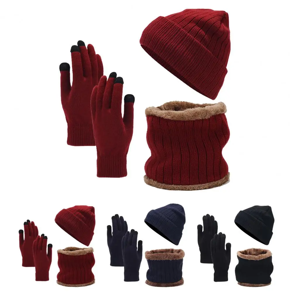 Thickened Winter Hat Scarf Gloves 3pcs/set Unisex Winter Beanie Hat Scarf Gloves Set with Warm Fleece Lining Touch for Women