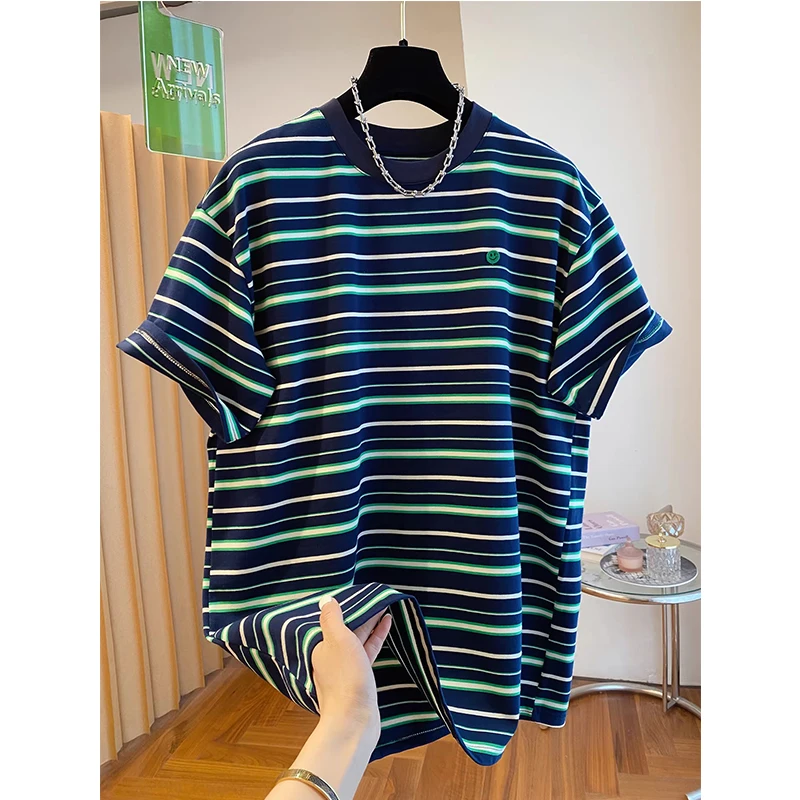 

Unisex Pure Cotton Striped Short Sleeve T-Shirt Casual Loose Fit Breathable Comfortable Summer Fashion for Men And Women