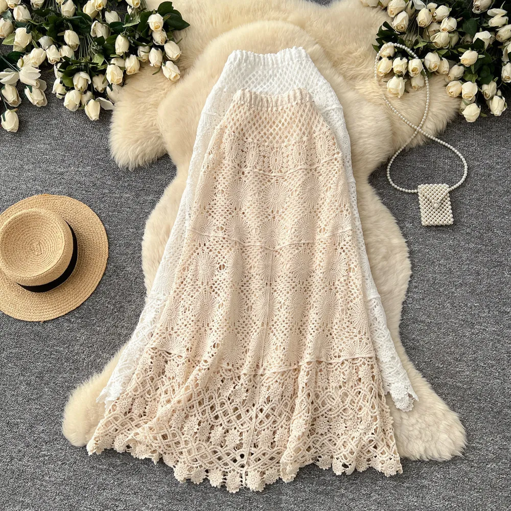 

Женская длинная юбка-трапеция из трикотажа с эластичной талией, облегающая, с ажурными вставками, кружевная, повседневная, элегантная, в стиле Y2K, уличная мода, для работы, весна 2026