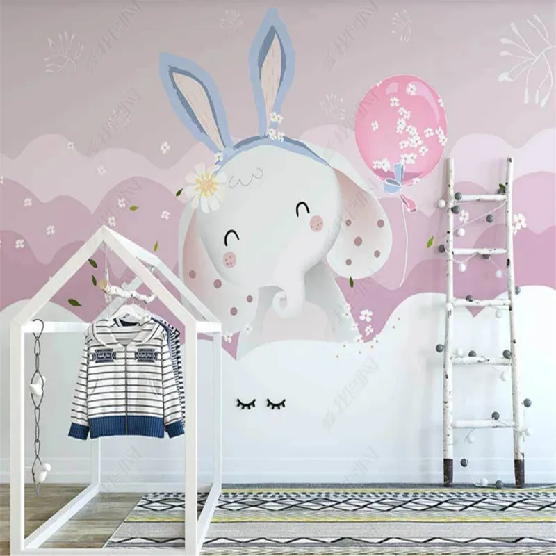 

Nordic Wallpaper for Kid's Room Pink Cartoon Cloud Baby Elephant Children's Room Background Wall Papers Home Decor Mural