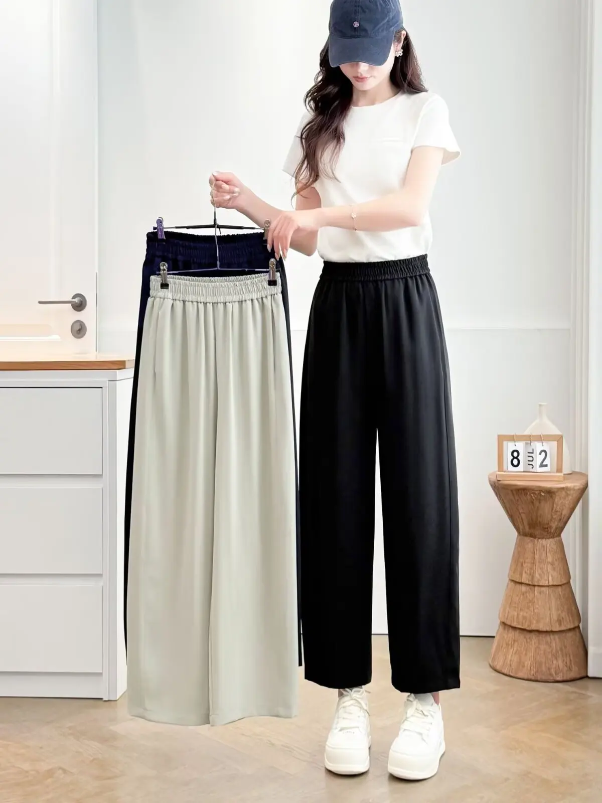 

High Waist Wide Leg Pants Elastic Waist Loose Fit Versatile Nine Points Casual Pants plus Size Women's Summer New Style