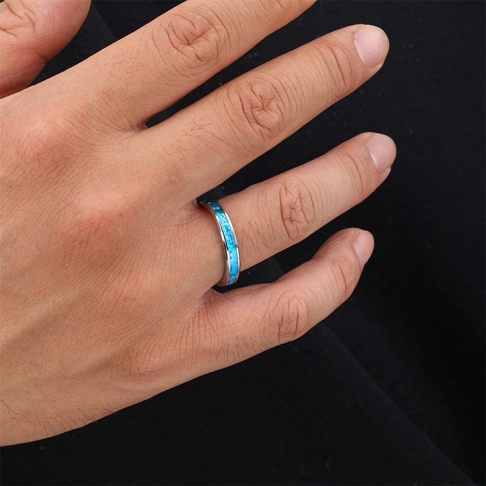 Elegant Blue Opal Rings For Women Men Minimalist Stainless Steel Party Wedding Rings Simple Fashion Jewelry Girls Gift 2024