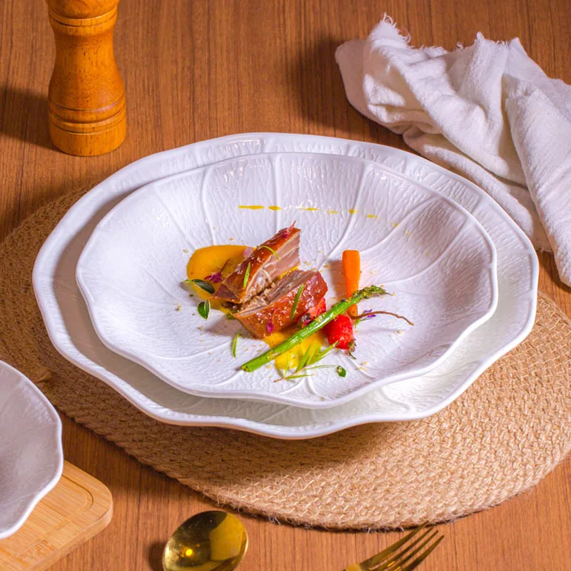 

European Ceramic Lotus Leaf Dinner Plate White Embossed Western Steak Plate Home Breakfast Fruit Dessert Dish Ceramic Tableware