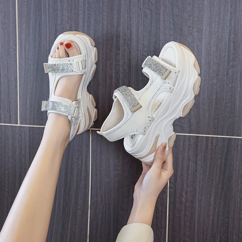 Rhinestone 7CM  2023 New Genuine Leather Sandals Women Elevator Shoes Comfy Fashion Summer Platform Wedge Ladies Hook&Loop Shoes