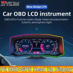 AD P4 Car Head Up Display OBD2 Car HUD GPS Speedometer Tachometer Turbo Gauge Digital Odometer Security Alarm Water&Oil Temp