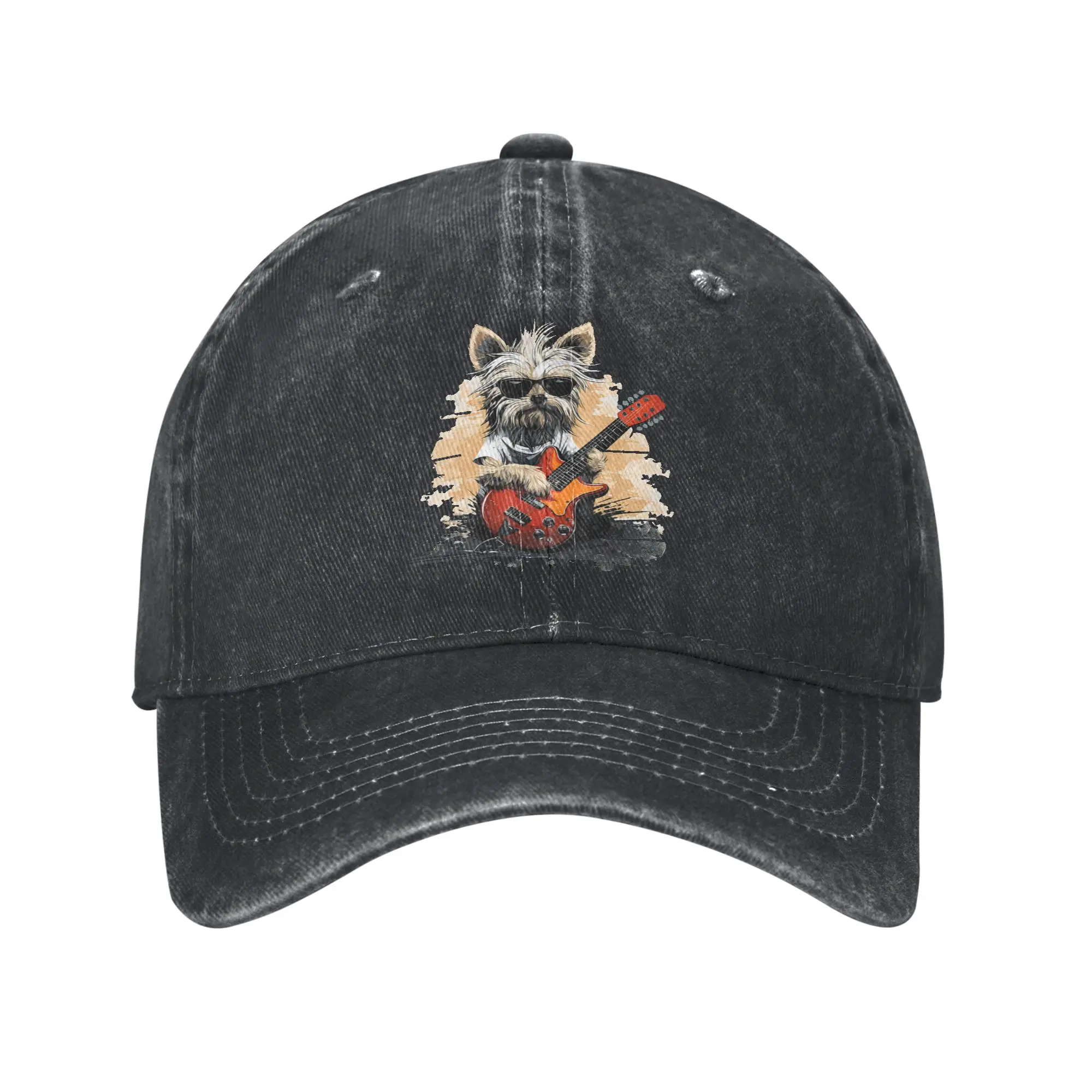 Yorkshire Terrier Playing Guitar Yorkie Lover Baseball Cap Unisex Distressed Denim Washed Snapback Hat Golf Adjustable Caps Hat