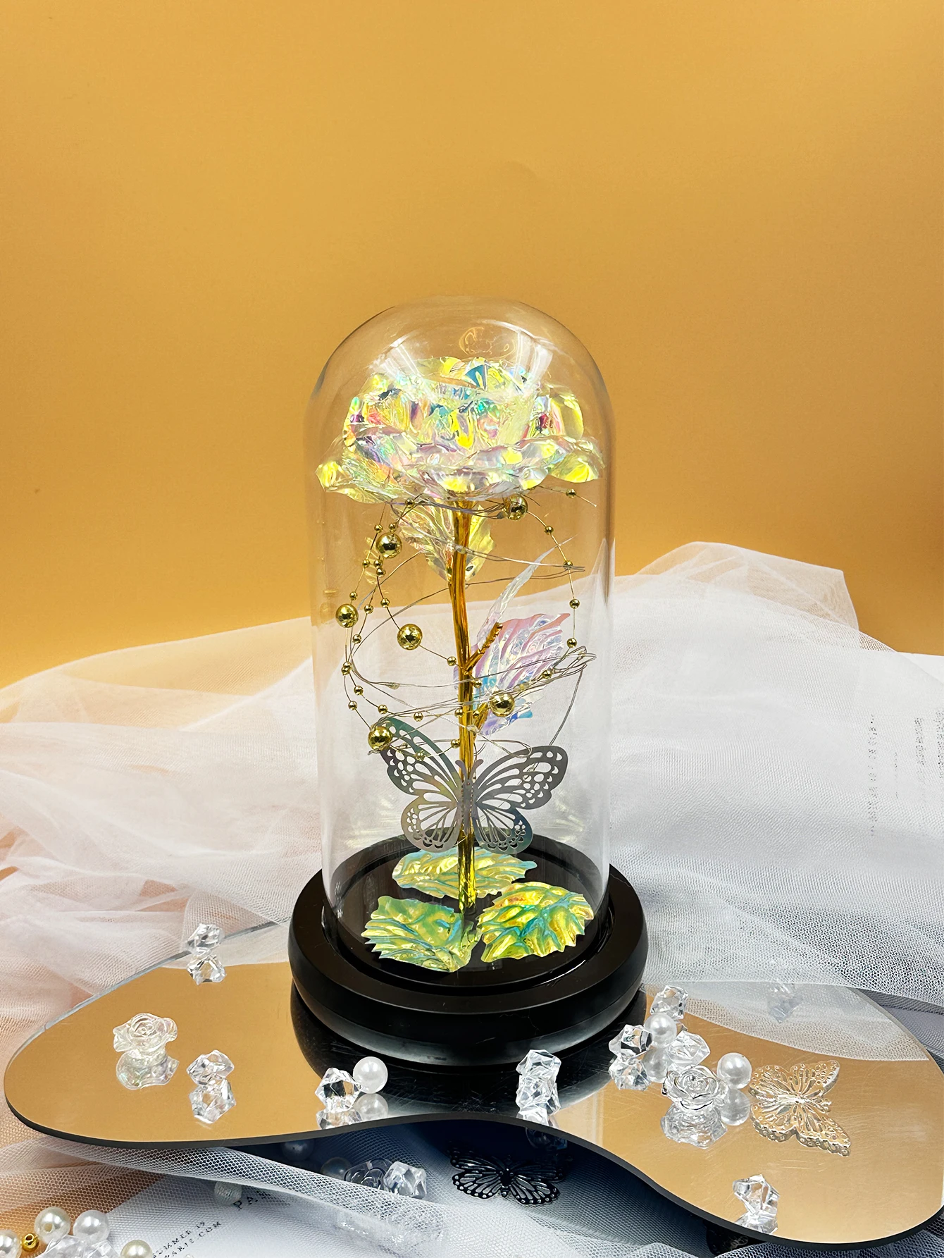 Romantic LED Rose Butterfly Lamp in Glass Dome - Perfect Home