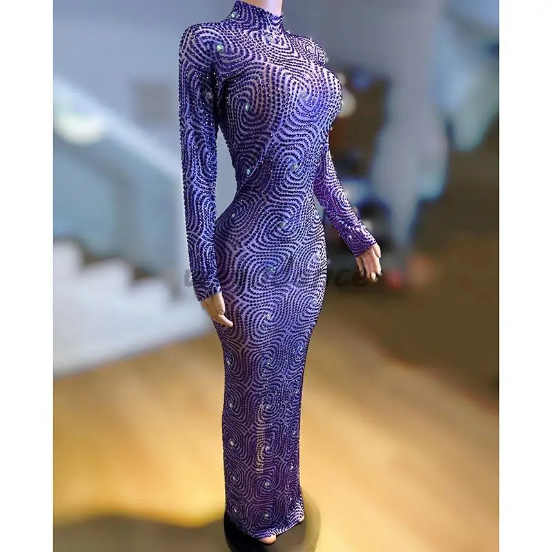 Birthday Party Dance Performance Costume Rhinestones Transparent Long Evening Dress