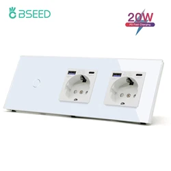 BSEED Touch Switch 1/2/3Gang With Double EU Sockets Fast Charge 20W Power Delivery USB Type-c Wall Socket Blue Backlight