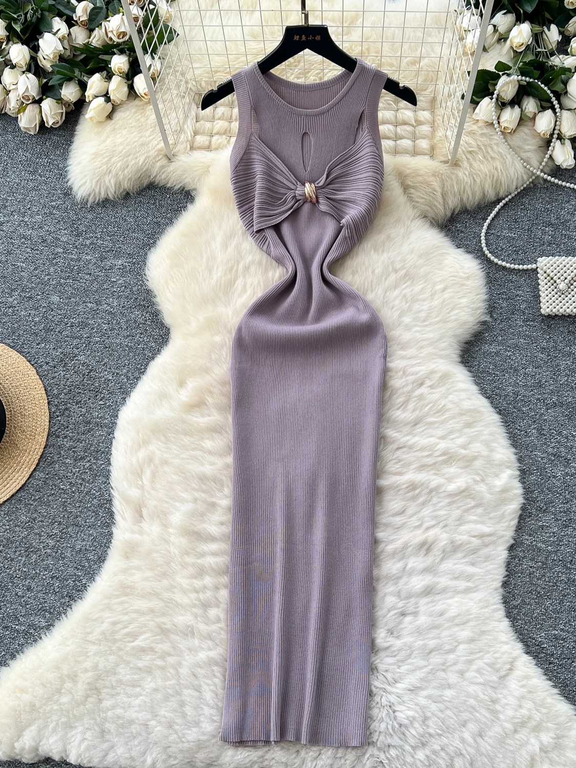Slimming Fit Hollow out Metal Bule round Ne Svel Women's Dr High Waist Bodycon Skirt Korean Sle Commute Dr