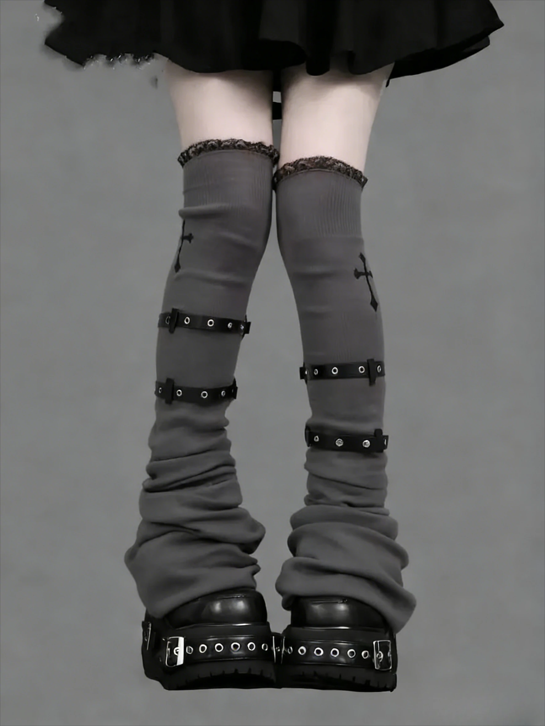 Gothic Cross Print Lolita Lace Large Flared Knitted Socks Women Subculture Japanese Style Leg Warmers Thigh High Socks