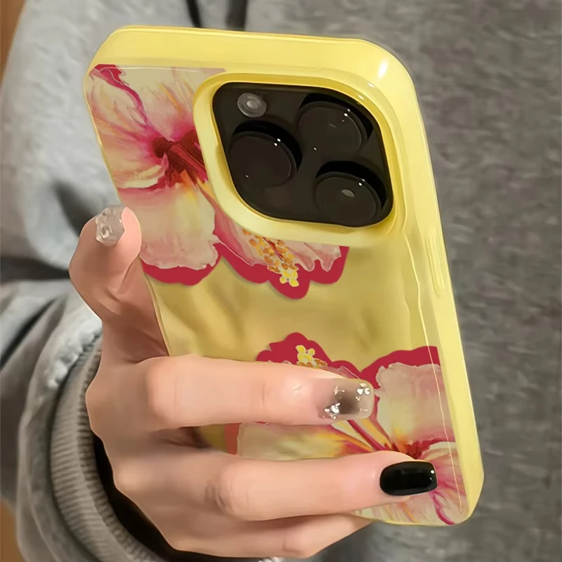 Funda de teléfono de silicona con textura de pliegues de flor de hibisco rosa elegante para iPhone 16 Pro Max 15 14 13 12 11 16 15 Plus Funda suave