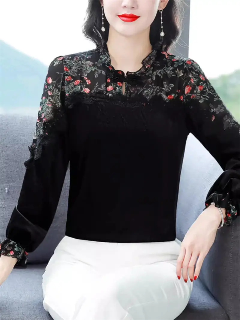 

Spring Velvet Patchwork Chiffon Top For Women 2024 New Long Sleeve Base Shirt Korean Floral Blouse Z4640