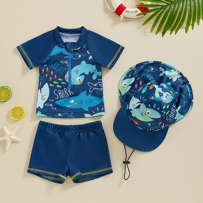 0-5Years Todderl Baby Boys Rash Guard Bikini Sets Short Sleeve Shark Dolphin Print Top with Shorts Hat Swimsuit Summer Swimwear