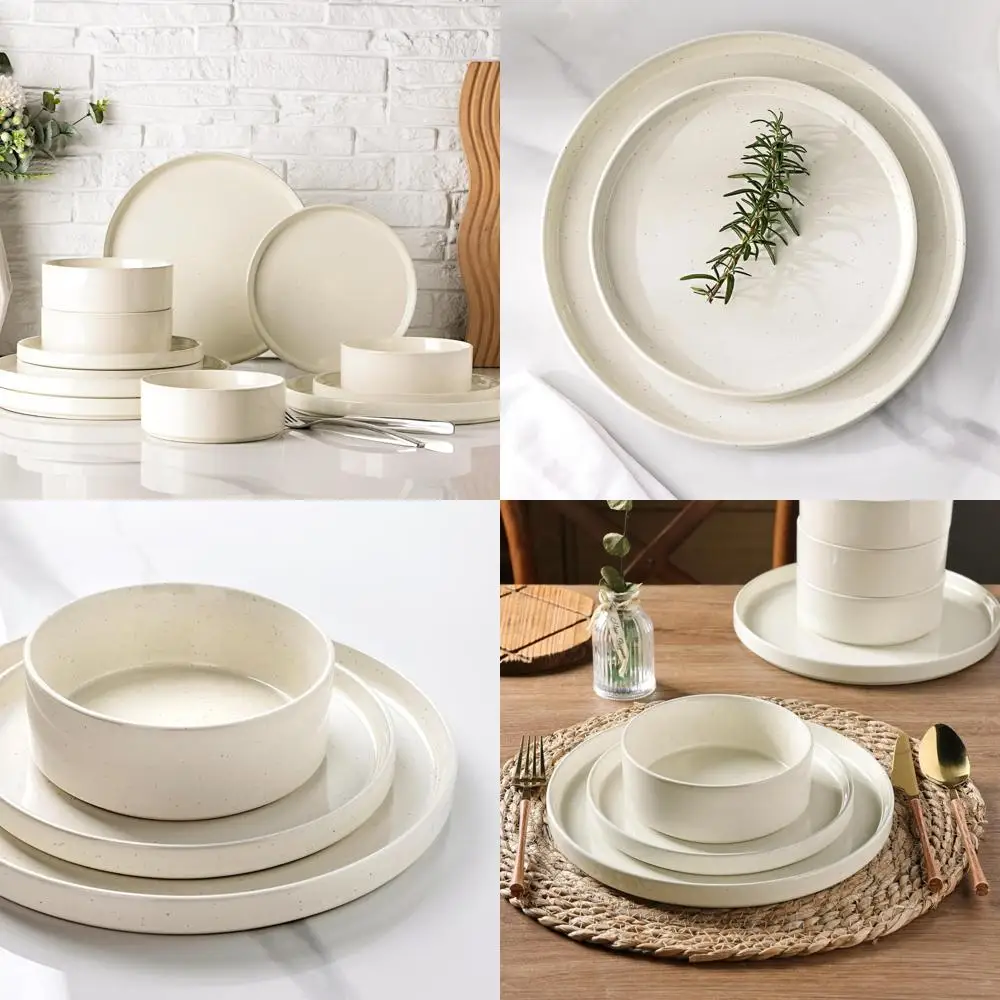 

dinnerware set for 4, 12 piece speckled plates and bowls set with glazed bottom, chip & scratch resistant stoneware plates sets