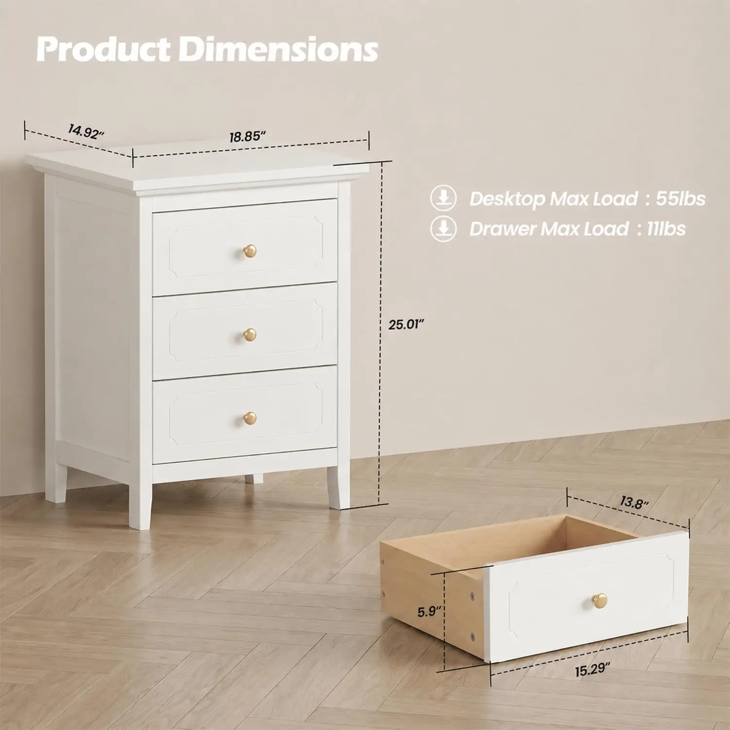 3 Drawer Nightstand, Modern Bedroom Storage Night Stand, Customized