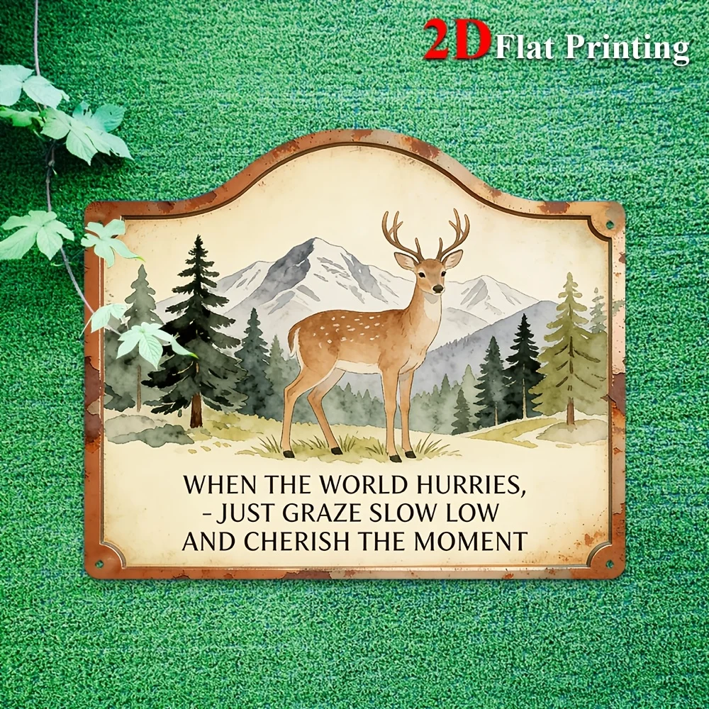 1pc 2D Flat Sign Artwork Depicting A Graceful Deer In A Mountainous Forest Scene, Ideal For Decorating Your For Home Office