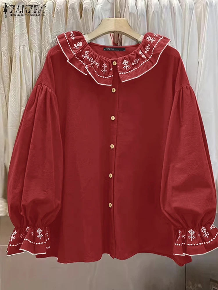 

ZANZEA Contrasting-Embroidery Day Wear Chemises Femme Elegant Peter-Pan Collar Woman 2025 Spring Shirts Long Sleeve Vintage Tops