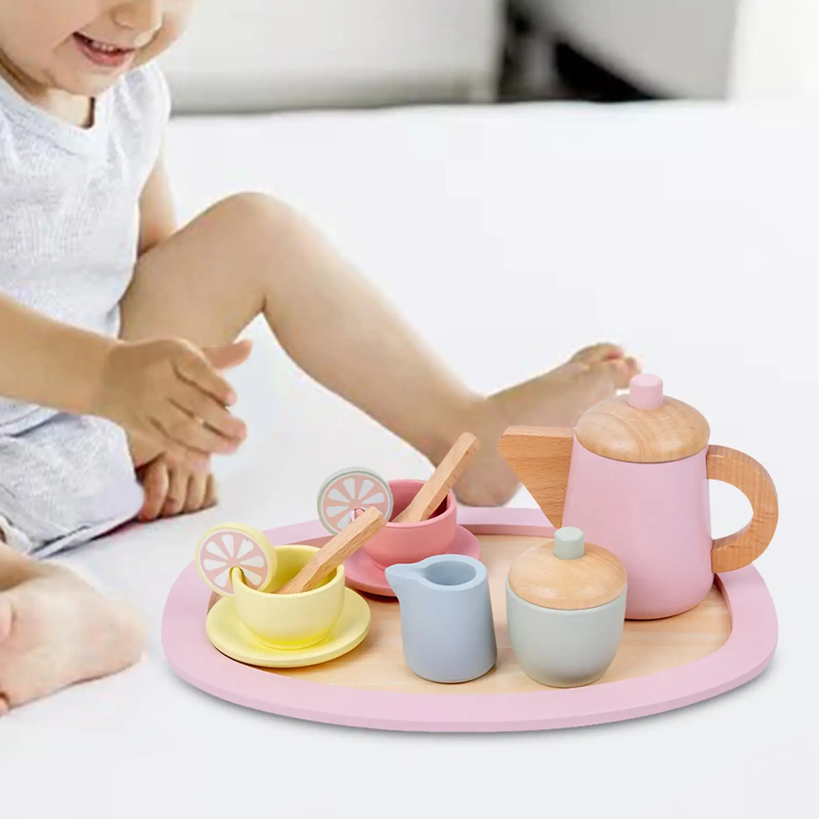 Wooden Tea Set Cup Saucers Spoons Tray Pretend Tableware Set for Party Favors Children Boy Girl Toddlers Preschool