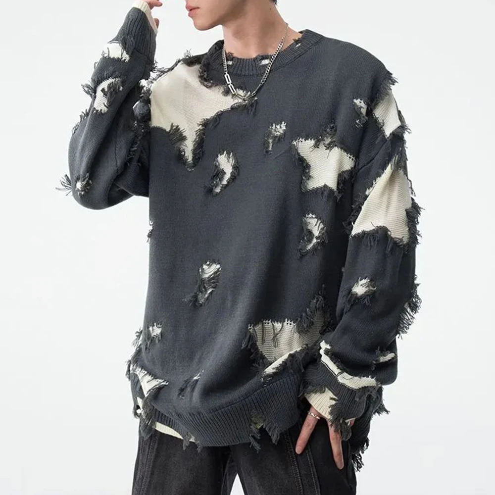 Mens Autumn Winter Y2k Hole Distressed Fake Two-Piece Sweater Essential Oversize Loose Trendy High Street Retro Knitted Sweater