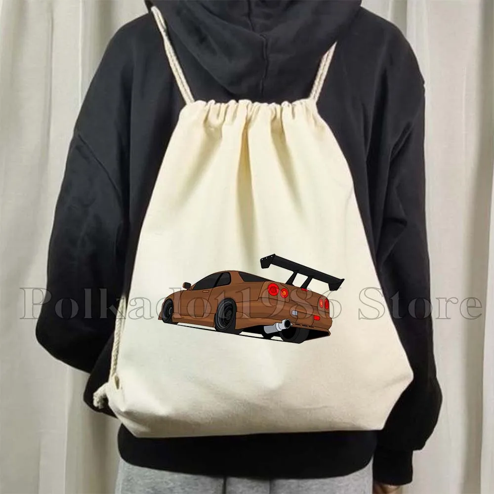 Fashion Vintage Male Men JDM Tokyo Drift Sports Car Gift Canvas Drawstring Bags Soccer Backpack Gym Sackpack Sports String Bag