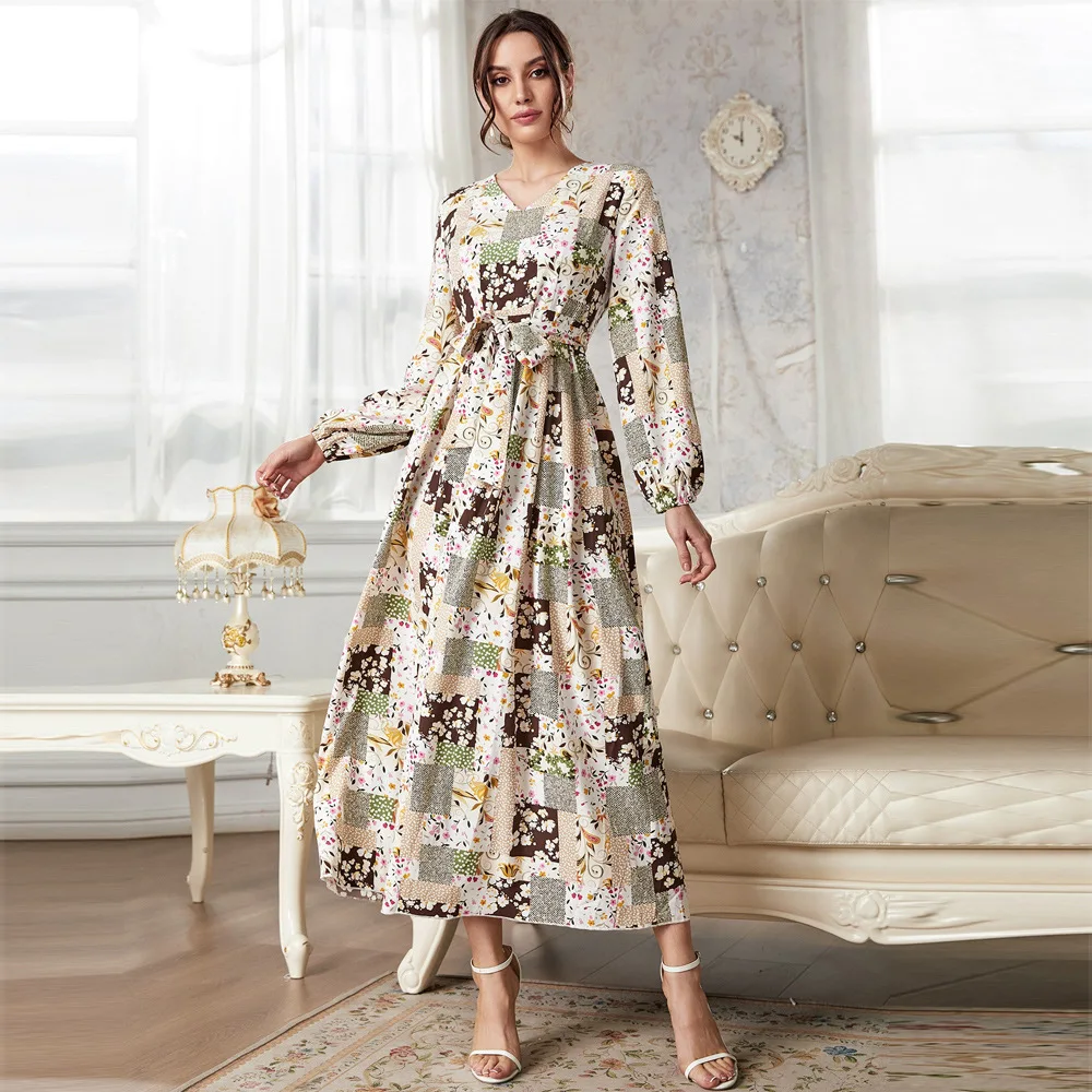 Elegant Casual Party Dress Spring/summer Fashion Prints Abayas for Muslim High-waisted V-neck Women Dress Dubai Turkey Islamic