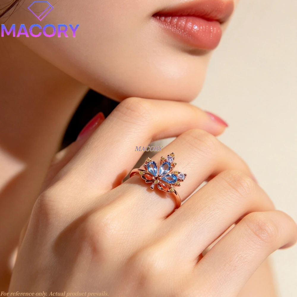 Natural Topaz and Garnet Maple Leaf Ring S925 Sterling Silver Multi Gemstone Statement Ring Women Fine Jewelry Autumn Gift