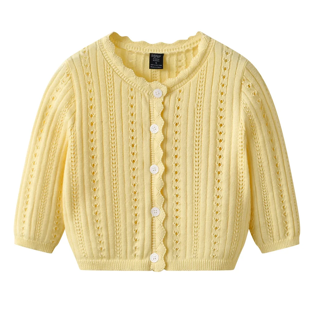 2026 New A-Class Pure Cotton Hollow Out Knit Shrug, Thin Summer Infant Kids Open Cardigan Wholesale for 80-120cm