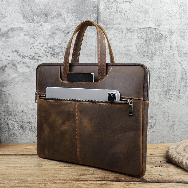 Vintage Crazy Horse Leather Laptop Sleeve Business Handheld Notebook Case Multi Pocket Protective Carrying Bag for Work Travel