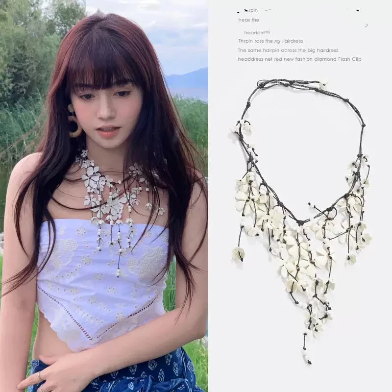 Cascaded tassel flowers Light luxury hand-woven multi-layered white flower collarbone chain travel banquet