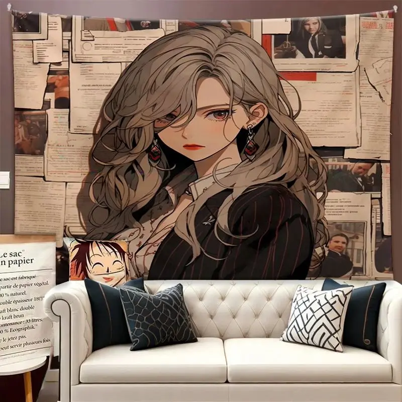 VIKAMA Retro Manga Newspaper Tapestry Long Hair Anime Girl Wall Hanging Cool Bedroom Decor Soft Polyester Backdrop