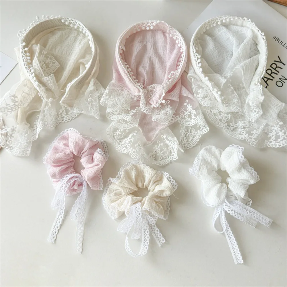 Ins Lace Hair Scarf Seersucker Solid Color Hair Bands Bowknot Hair Accessories Women