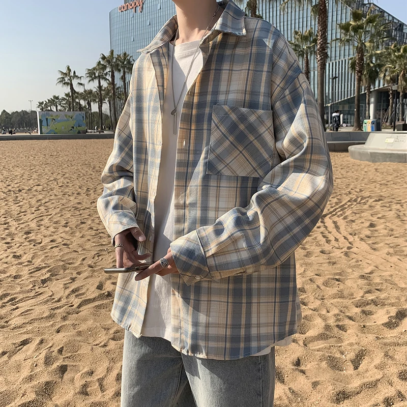 

Spring 2026 Men's Plaid Long Sve irt Loose Fit Casual Sle Korean Faion Spring Autumn New Arrival Versatile Trendy BF...