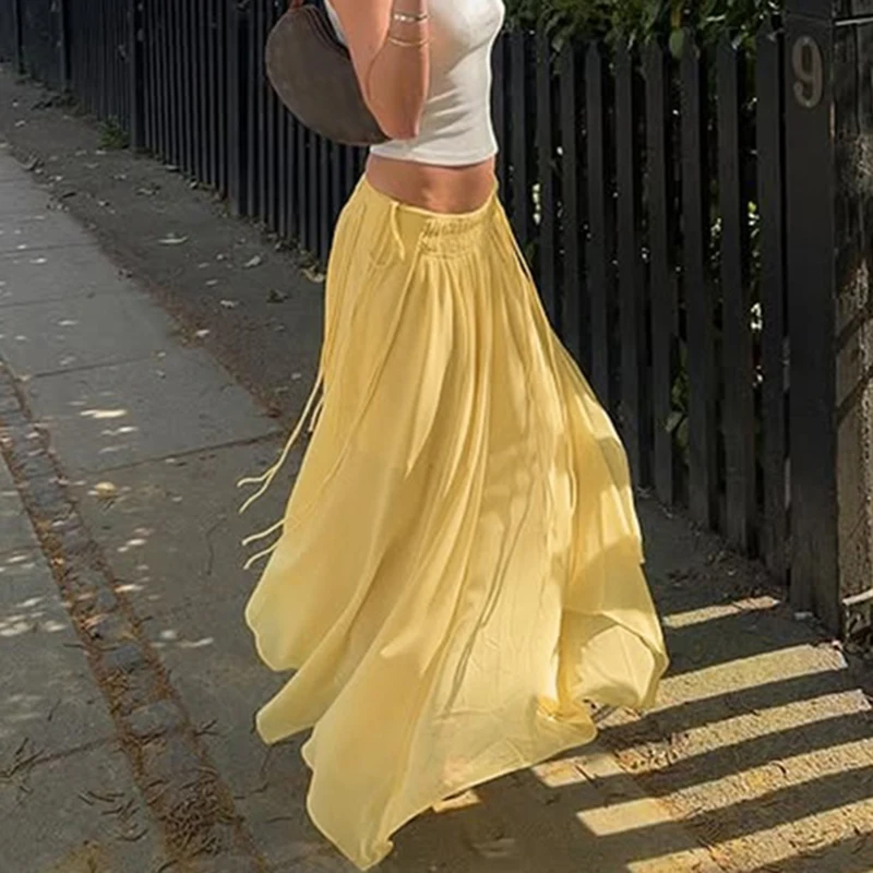 Talenza Solid Pleated Skirt For Women Side Drawstring Elasticated Waist Skirt Summer Fashion Lady Loose Chiffon Elegant Skirts