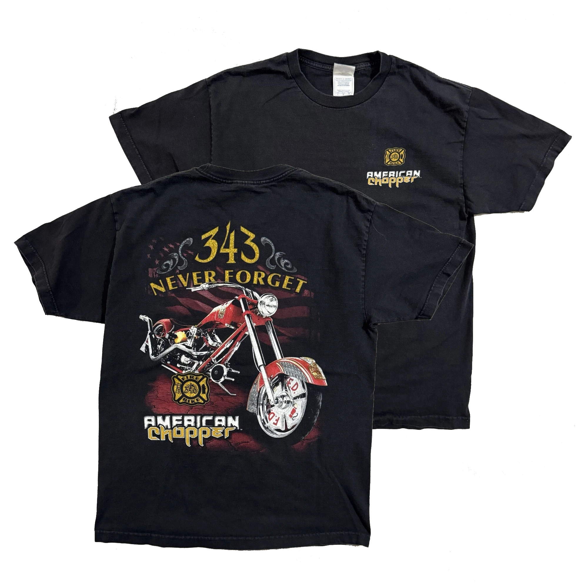 

Vintage 9/11 343 Never Forget American Motorcycle Chopper T-Shirt 100% Cotton O-Neck Short Sleeve Casual Mens T-shirt Streetwear