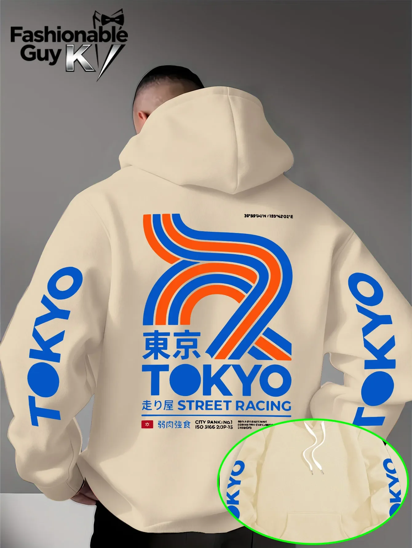 Men Tokyo Street Racing Hoodie Japanese Kanji Retro Race Track Graphic Print Loose Fit Streetwear Pullover Sweatshirt Autumn