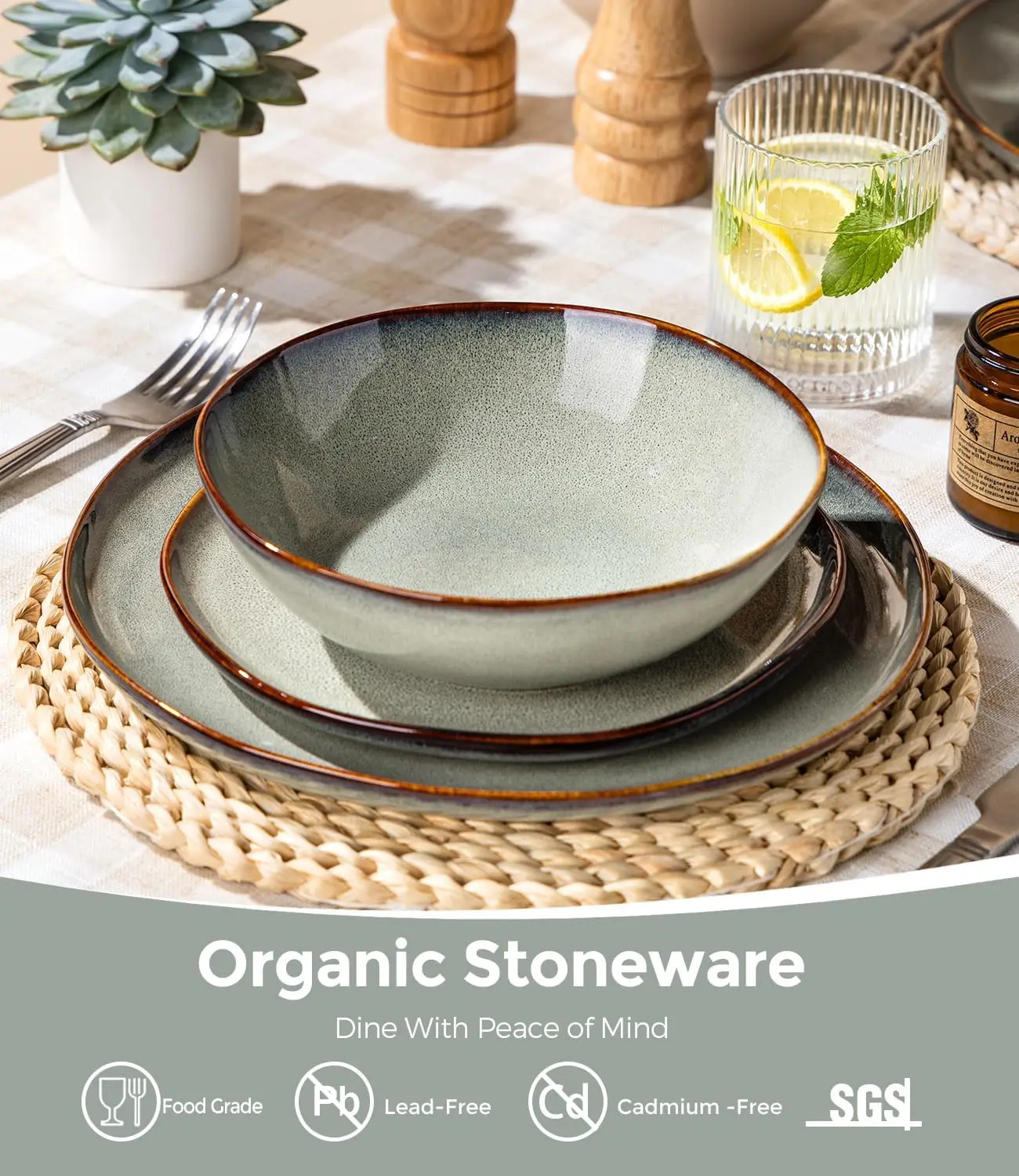 Stoneware Dinnerware Sets for 8,24 Piece Rustic Plates and Bowls Set | Earthenware Handmade Reactive Glaze Plate Sets, Chip Resi view 3