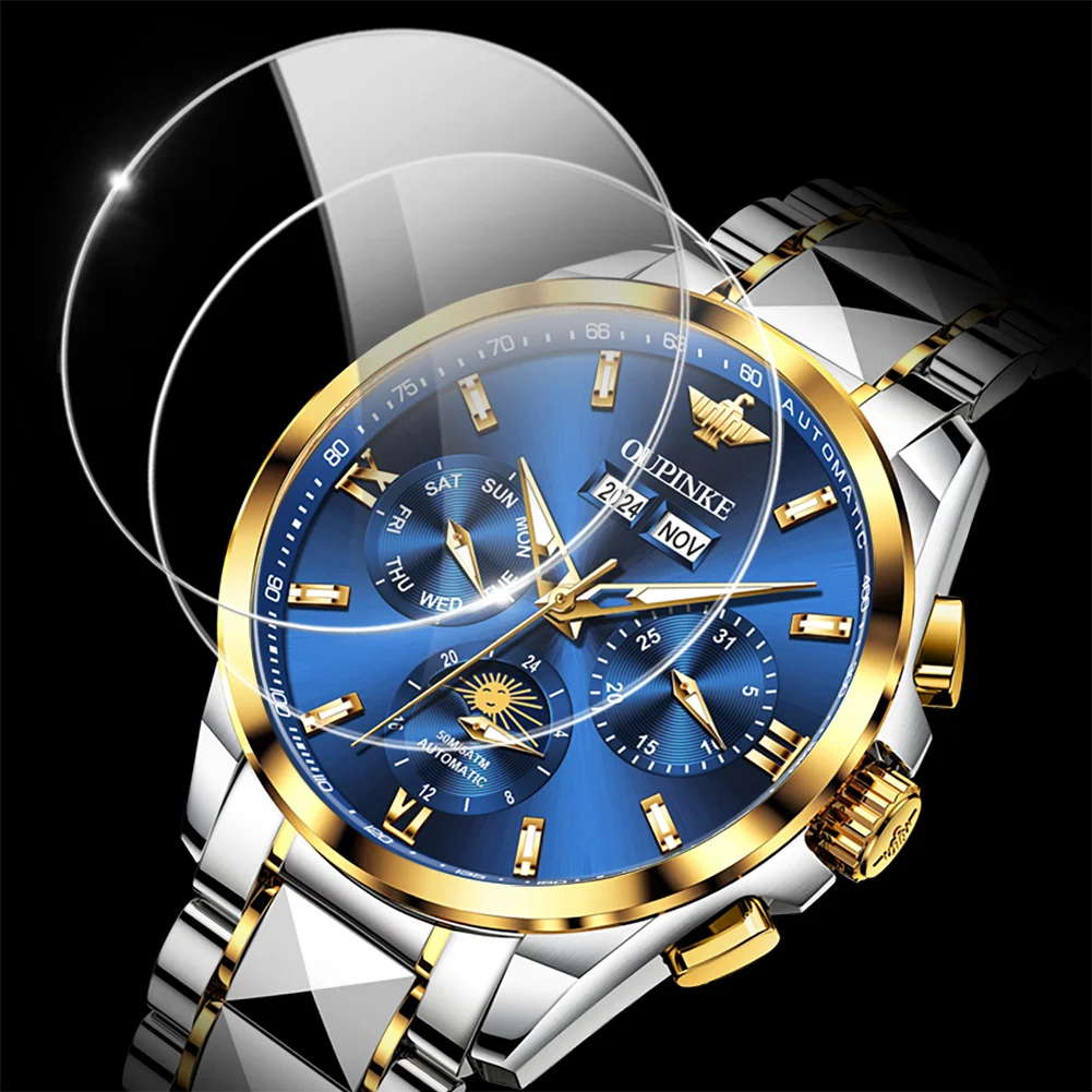 OUPINKE 3201 Wysokiej jakości męski zegarek automatyczny mechaniczny ﻿   Zegarki z kalendarzem wiecznym i fazami księżyca, wodoodporne do 50M, w pudełku prezentowym