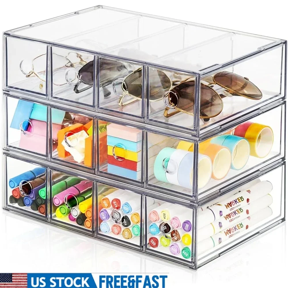 

Stackable Desk Organizer with 12 Clear Drawers Acrylic Storage Box Office Home Sunglasses Jewelry Supplies Desktop Sorter