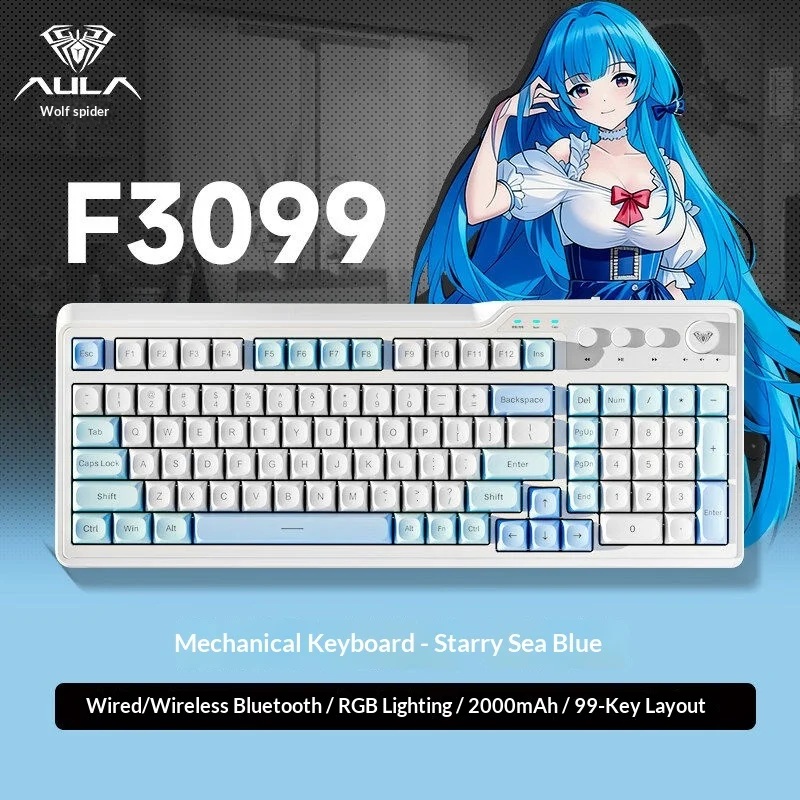 

AULA F3099 Tri Mode Wireless Bluetooth Wired Mechanical Feel Keyboard RGB Backlit 99 Keys 2000mAh For Gaming Office Desktop PC