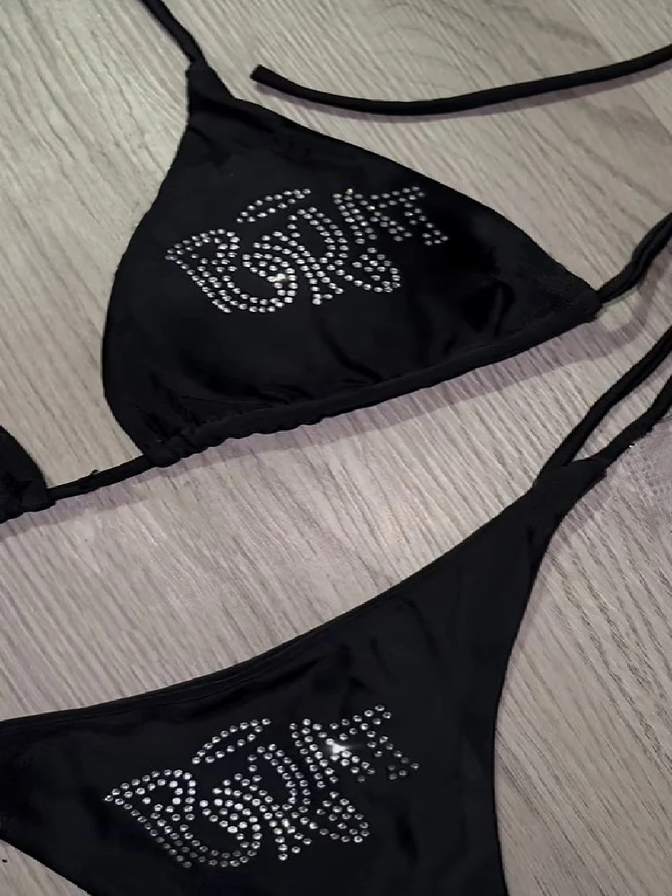 2000s Woman Punk New Beach Swimwear gothic clothes BRAT Rhinestone printing Grunge Swimsuit Bikini Y2K Bathing Suits Lace Up 