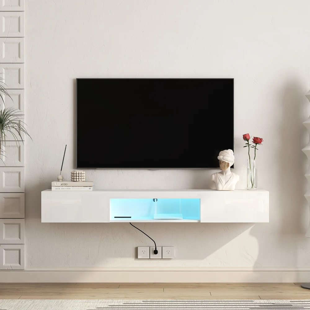 63 "TV apung berdiri dinding dengan 16 warna LED Modern TV berdiri, Kabinet hiburan pusat untuk 55 60 65 inci TV