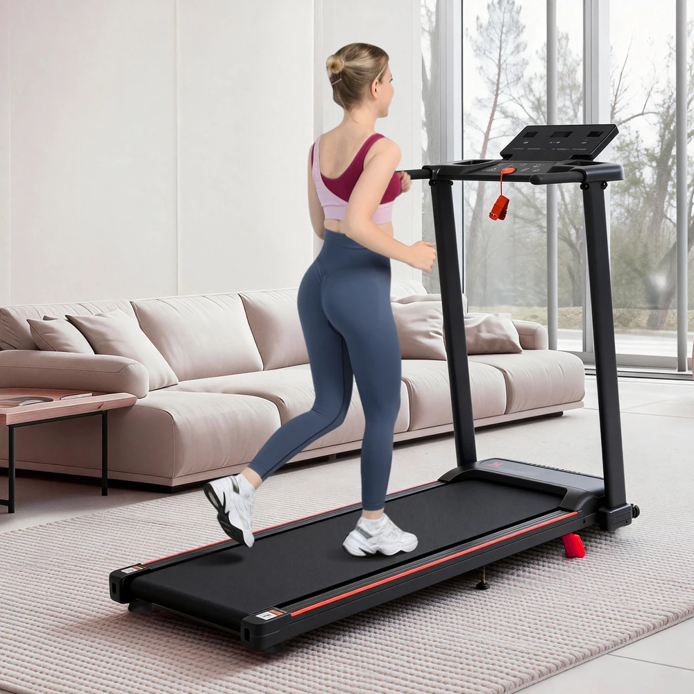 Tragbares, klappbares Laufband für Zuhause mit Griff, 8% Steigung, 1 - 12 km/h Geschwindigkeit, 120 kg Tragfähigkeit, 3,0 PS, 4 verstellbaren Füßen und Schnellgeschwindigkeitsknopf.
