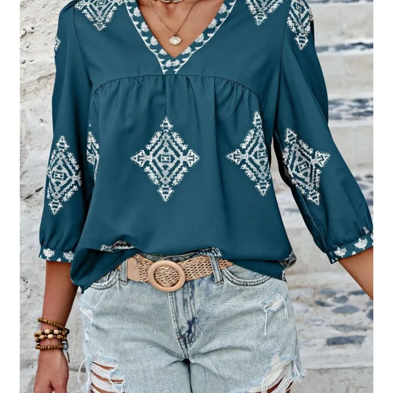 Women\'s Boho White Blouses New Summer Fashion Printed Three-quarter Sleeve V-neck Loose Tops Women Shirts Casual Pullover New