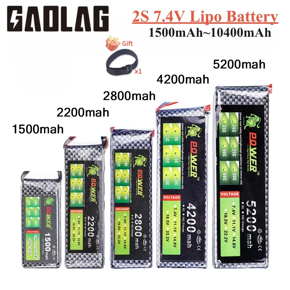 2S Lipo Battery 7.4v 1500mah 1800mah 2200mah 3300mah 4200mah 5200mah 6500mah 7200mah 10400mah JST/XT60/T RC Parts 7.4v Battery